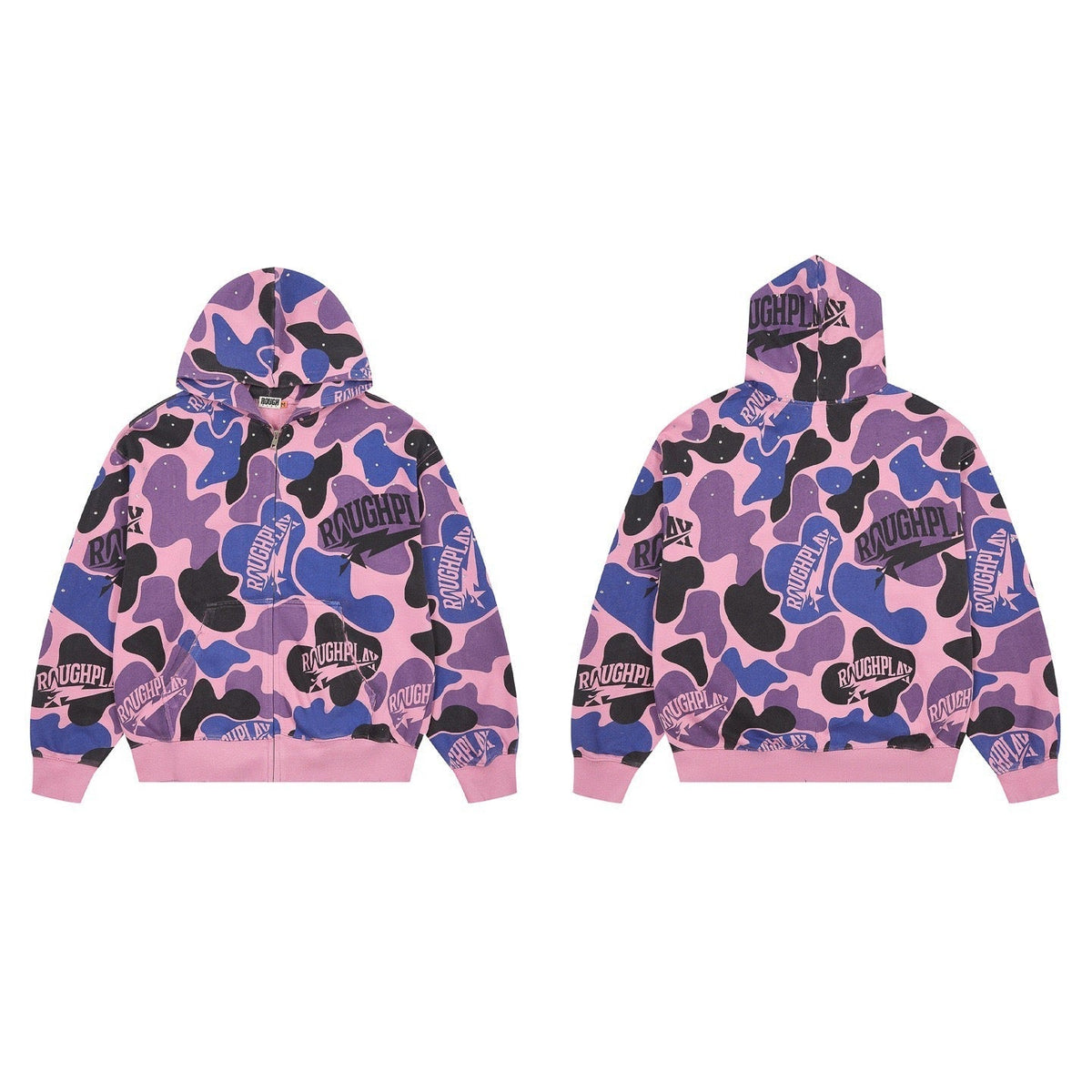 ROUGHPLAY Pink Camo Full Zip Hoodie – Oversized All-Over Print Streetwear Zip-Up Jacket