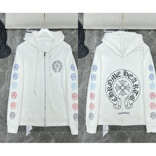 Chrome Hearts Gradient Cross Sleeve & Horseshoe Zip-Up Hoodie (White)