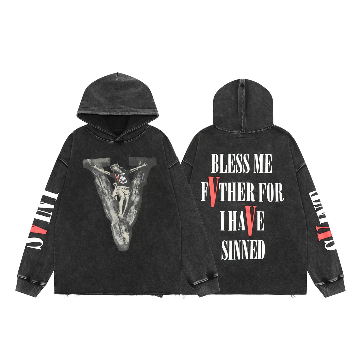 Vlone Acid Wash Religious Graphic Hoodie - Black