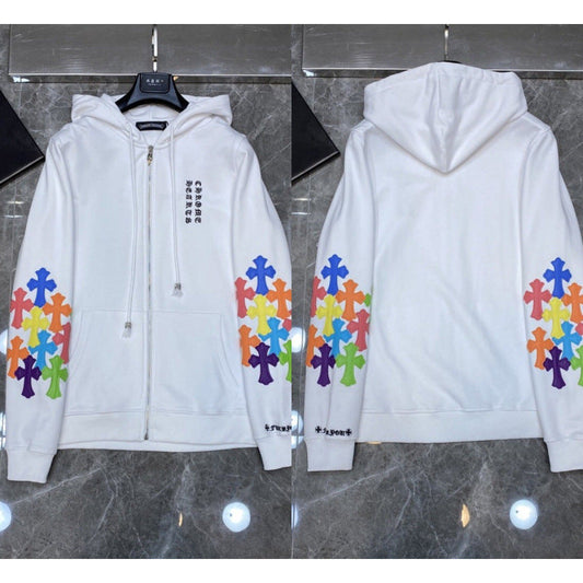 Chrome Hearts Multi-Color Cross Sleeve Zip-Up Hoodie (White)