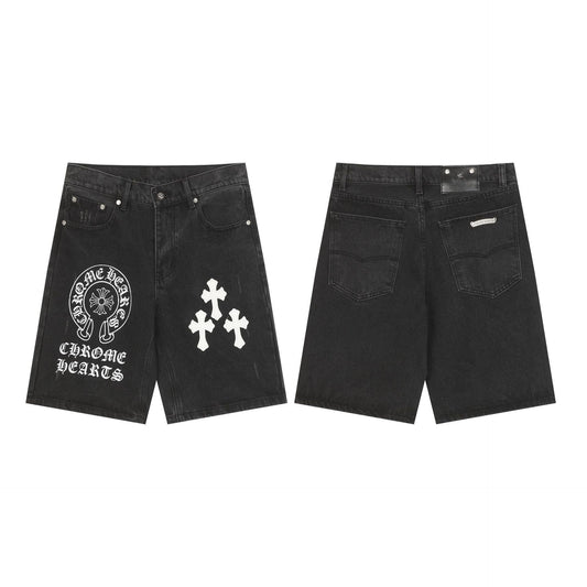Chrome Hearts Black Horseshoe Print & White Cross Patch Denim Shorts