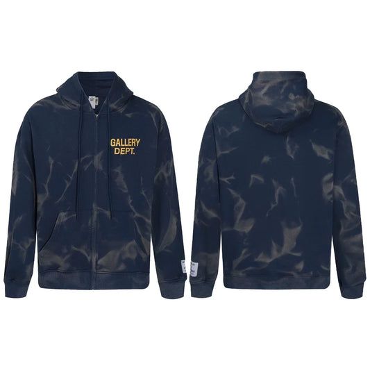 Gallery Dept. "Water Ripple" Zip Hoodie – Navy Blue Tie-Dye, Gold Logo